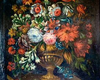 Lot 158	CONTINENTAL SCHOOL (17th-18th century), Floral Still Life with Mixed Flowers in a Gilt Urn, oil on canvas, in period carved and gilt wood Baroque frame