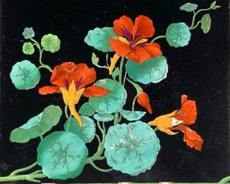 Lot 129	Dr Christopher Dresser (English 1834-1904) For Mintons China Works, Pair Aesthetic Movement Tile, Nasturtiums On Black Ground, Red Orange/ Yellow Flow