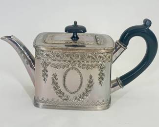 Lot 149	George III Sterling Silver Teapot, Rectangular Form With Bright Cut Engraving, Ebonized Wood Handle And Finial, English circa 1780-1800