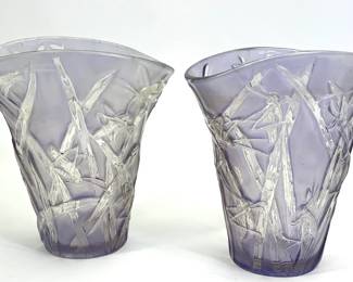 Lot 111	Phoenix Glass Company, Pair Of Katydid Or Grasshopper Pattern Art Glass Vases, Lavender Violet Wash, Flared Trumpet Form, Art Deco Circa 1920s-1940s