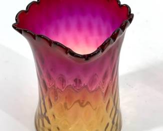 Lot 90	Victorian Diamond Quilted Art Glass Vase, Shaded Amethyst Purple To Amber Yellow, Ruffled Scalloped Rim, English Or American Circa 1880-1900