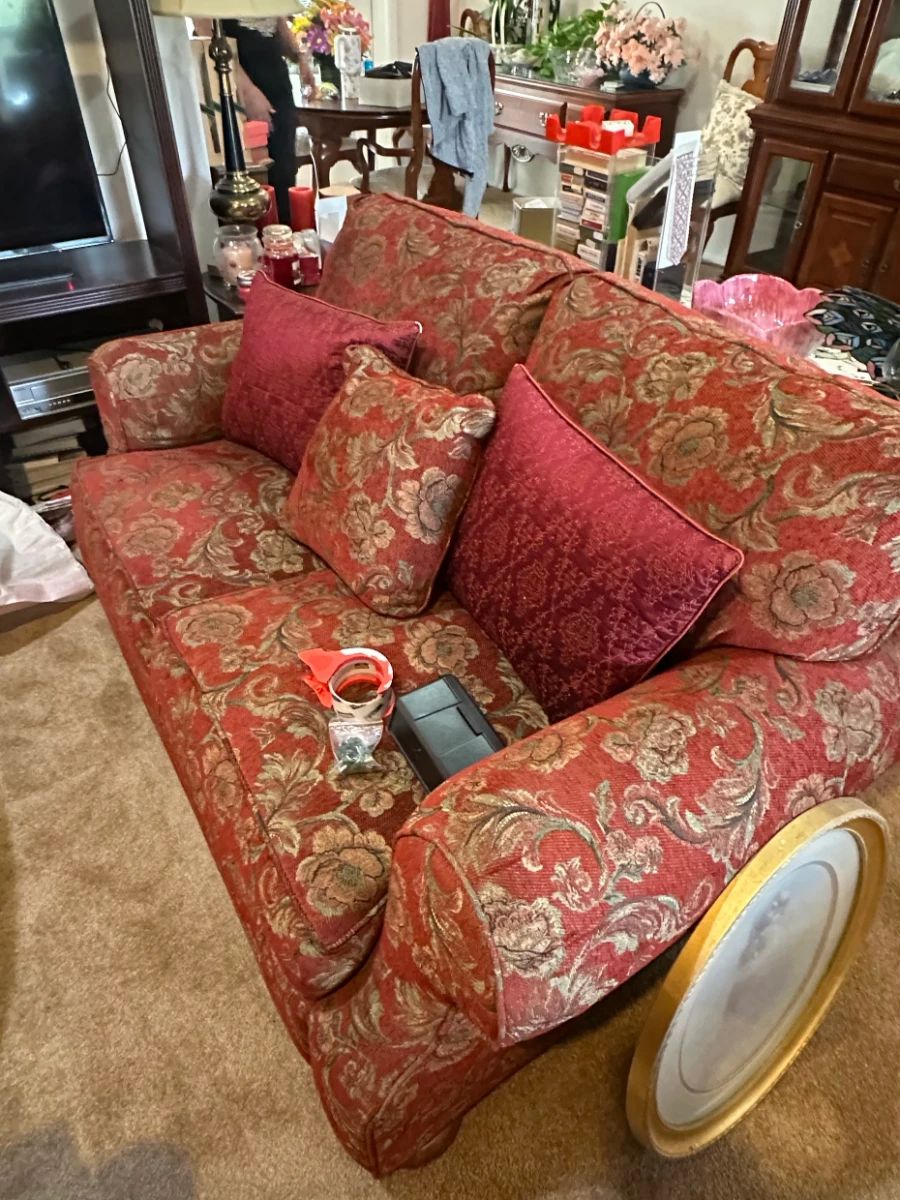 Vintage Red and Gold Floral Damask Sofa