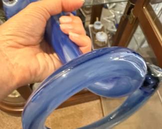 Murano Style Cobalt Blue Swirl Hand Blown Art Glass Vase with Coil Base second image