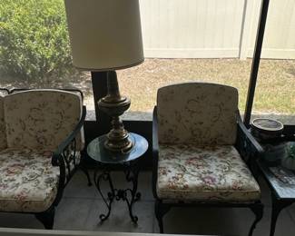 Vintage Woodard Wrought Iron Patio Set with Floral Upholstery and Brass Lamp