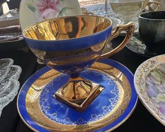 Gilded Cobalt Blue Footed Cup and Saucer