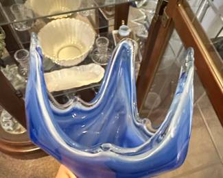 Murano Style Cobalt Blue Swirl Hand Blown Art Glass Vase with Coil Base third image