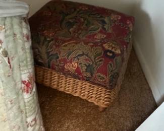 Vintage Wicker Ottoman with Floral Upholstery