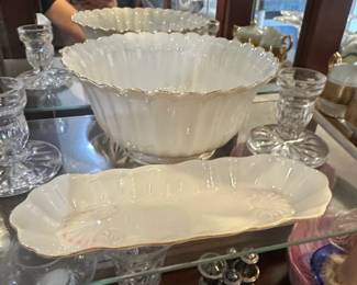 White Ceramic Serving Bowl and Relish Dish with Gold Trim and Embossed Shell Motif