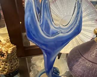 Murano Style Cobalt Blue Swirl Hand Blown Art Glass Vase with Coil Base