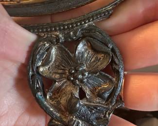 Victorian Style Gilt Metal and Glass Vanity Mirror with Dogwood Motif second image