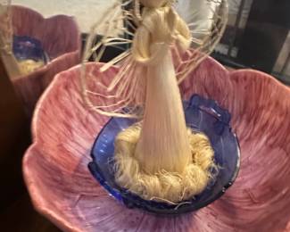 Corn Husk Angel Figurine in Seymour Mann HandPainted Ceramic Flower Bowl