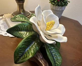 Ceramic Magnolia Flower and Leaf Figurine