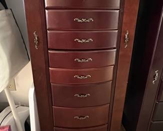 Mahogany Finish Drawer Jewelry Armoire with Ornate Drawer Pulls