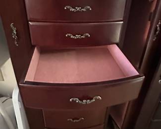 Mahogany Finish Drawer Jewelry Armoire with Ornate Drawer Pulls third image