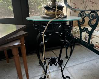 Wrought Iron and Glass Top Accent Table with Spider Accent and Brass Urn Lamp
