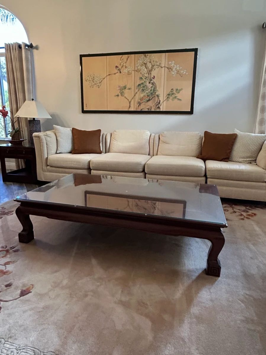 Ming Style Coffee Table with Glass Top and Decorative Panel