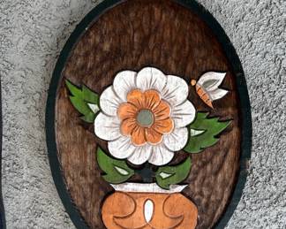 Carved Wooden Plaque with Flower and Butterfly Motif