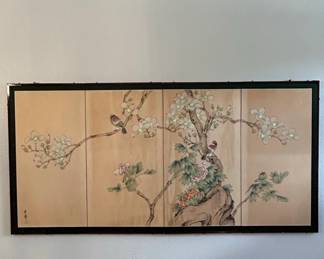 FourPanel Japanese Screen Painting with Birds and Blossoms