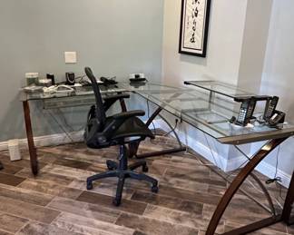 LShaped Glass Top Desk with Metal Frame