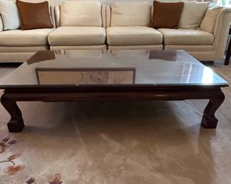 Ming Style Carved Wood and Glass Coffee Table