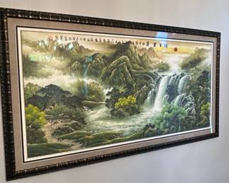 Chinese Feng Shui Landscape Painting with Waterfall and Sun