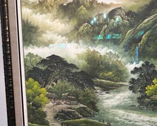 Chinese Feng Shui Landscape Painting with Waterfall and Sun fifth image