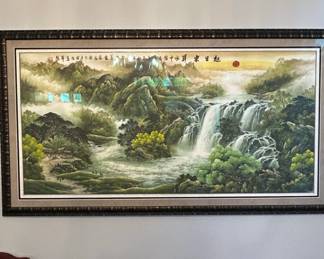Chinese Feng Shui Landscape Painting with Waterfall and Sun second image
