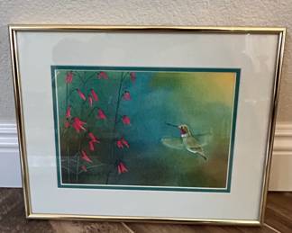 Hummingbird and Red Flowers Watercolor Painting