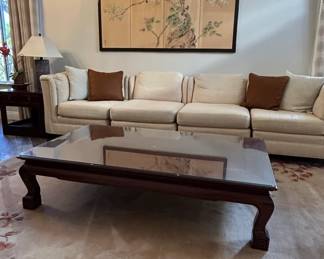 Ming Style Coffee Table with Glass Top and Decorative Panel