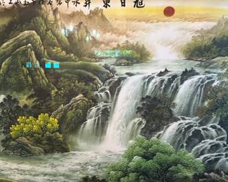 Chinese Feng Shui Landscape Painting with Waterfall and Sun fourth image