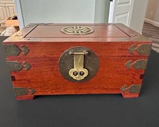Vintage Chinese Rosewood Jewelry Box with Ornate Brasswork
