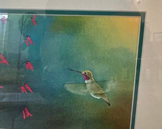 Hummingbird and Red Flowers Watercolor Painting second image