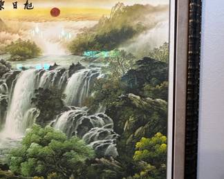 Chinese Feng Shui Landscape Painting with Waterfall and Sun third image