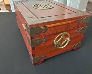 Vintage Chinese Rosewood Jewelry Box with Ornate Brasswork fifth image