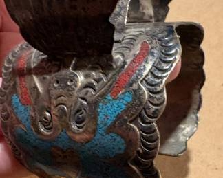 Vintage Native Peyote Bird Inlaid Turquoise Watch Cuff signed “SD”.