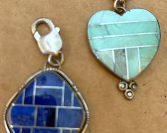 Lapis Lazuli and Green Turquoise Inlaid Sterling Pendants/Charms  signed R Sandoval 