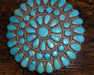 Vintage Native American 3.5” pin/brooch. Lightly etched “J” marked on the baxl.