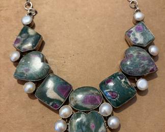 Artisan Ruby in Fuchsite and Pearl Bib Necklace