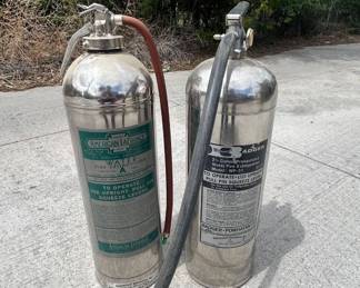 Lot #131 Vintage Chrome Fire Extinguisher Pair American LaFrance PCW + Badger WP-51 2.5G