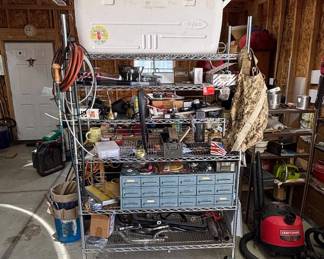 Lot #101 Entire Contents of Chrome Shelving Unit with Igloo Cooler, Craftsman Shop Vac, Tool Chest