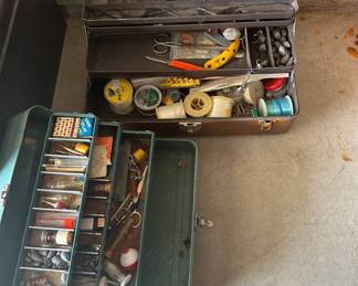 Lot #37 Vintage Metal Tackle Boxes with Fishing Lures Weights Line Floats & Gear Lot