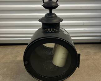Lot #167 Large Black Metal Railroad Style Candle Lantern Oval Glass Door Farmhouse Decor