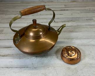 Lot #173 Antique Copper Brass Tea Kettle Wicker Handle + Copper Cat Figural Mold 1900s