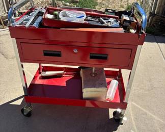 Lot #108 Red Metal Rolling Tool Cart with Assorted Sockets, Hand Tools, and Storage Boxes