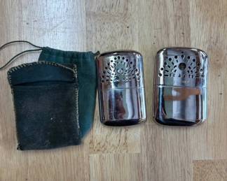 Lot #91 Vintage Peacock Japan Platinum Catalytic Hand Warmers Chrome Metal Pair with Pouch
