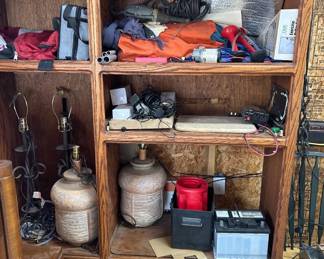 Lot #130 Mixed Lot Table Lamps Ceramic Wrought Iron Bags Tools Electronics Shelf