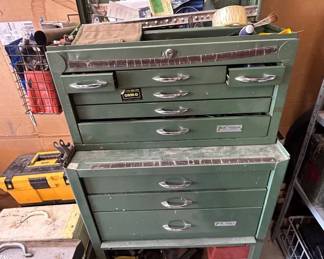 Lot #58 Vintage Industrial Green Metal Rolling Tool Chest Cabinet with Drawers & Top Box