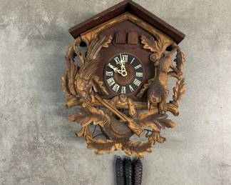 Lot #165 Black Forest German Hunter Cuckoo Clock Hand Carved Wood Birds Rifle 8-Day
