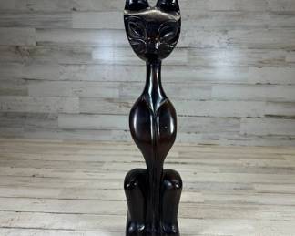 Lot #181 Mid Century Modern Ebonized Wood Carved Siamese Cat Sculpture Figurine 24in