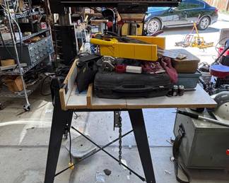 Lot #97 Craftsman 10" Radial Arm Saw on Mobile Stand Vintage Woodworking Power Tool Plus contents of Table